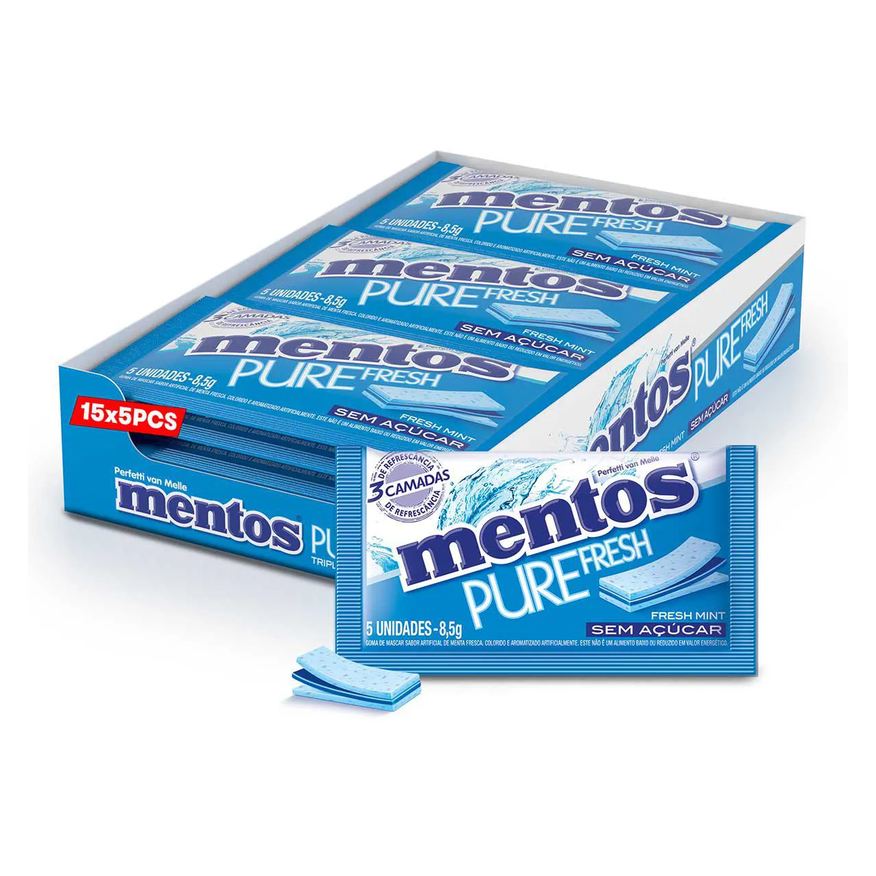Pure Mentos Fresh Chiclete Sem Açúcar Sabor Fresh Mint com 5 unidades