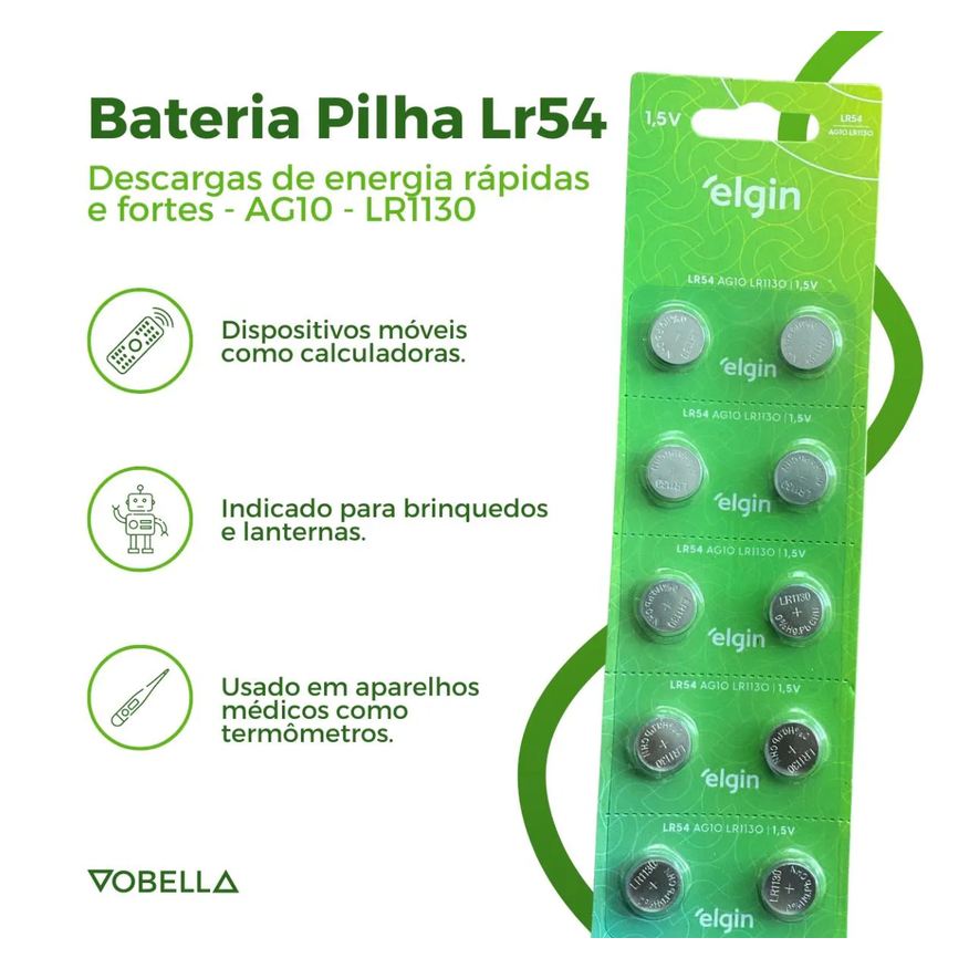 Baterias 10 Pilhas Alcalina Lr54 1,5v Blister Cartela Elgin