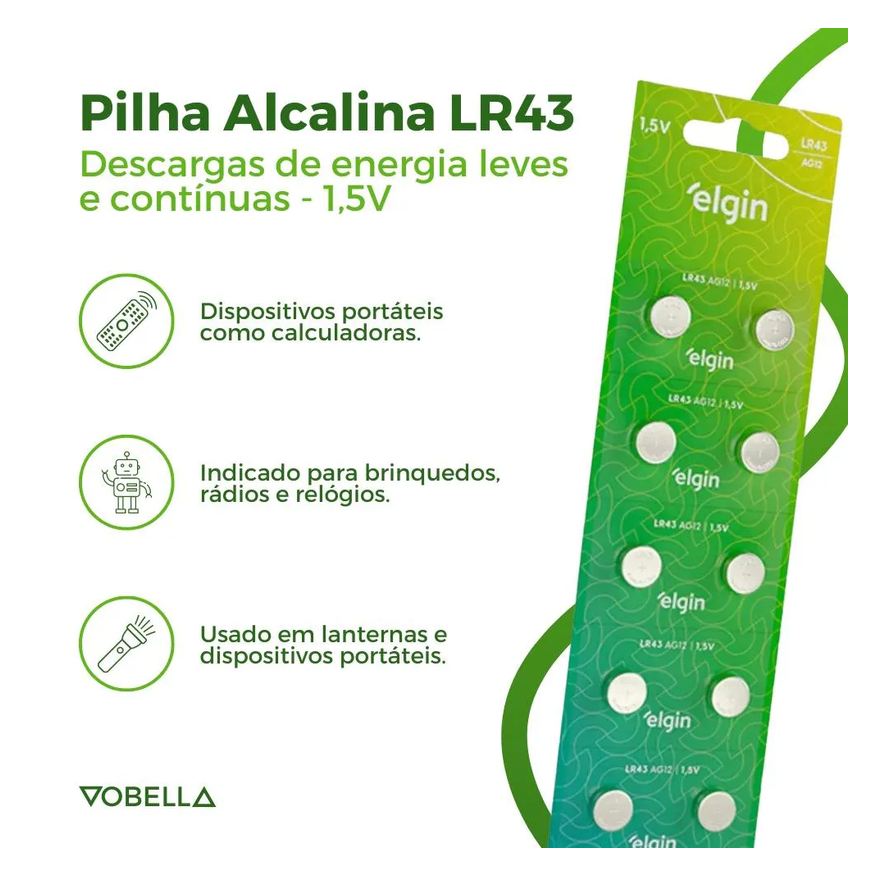 Baterias 10 Pilha Botão Lr43 1,5V Ag12 1 Cartela Elgin