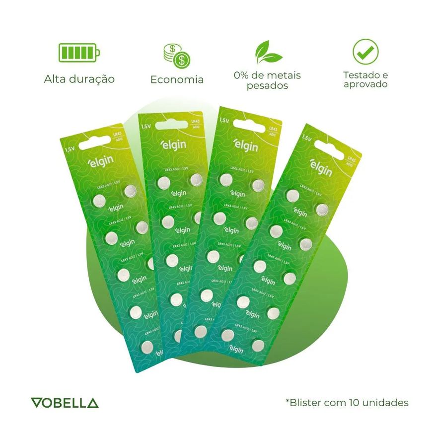 Baterias 10 Pilha Botão Lr43 1,5V Ag12 1 Cartela Elgin