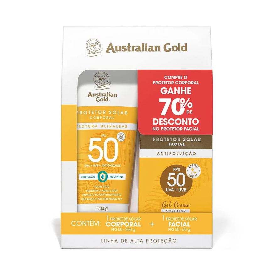 Australian Gold Kit Alta Proteção FPS 50 Protetor Solar Corporal Ultraleve 200g + Facial Gel Creme Antipoluição 50g