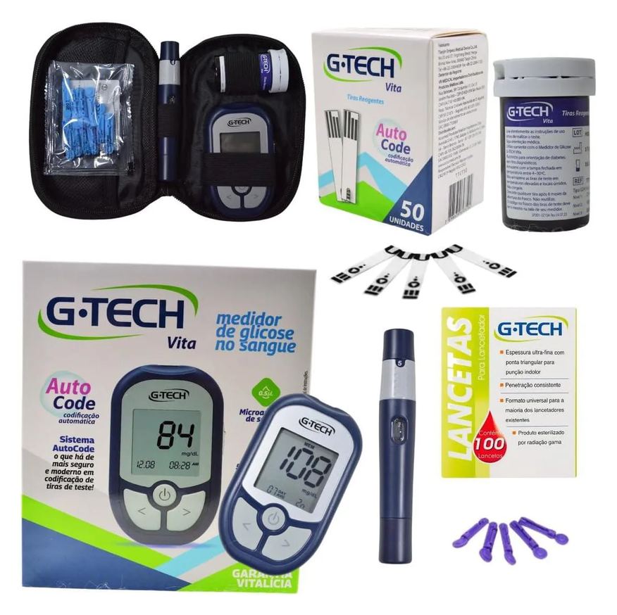 G-Tech Kit Medidor de Glicose Vita Com 60 Tiras + 110 Lancetas E Caneta Lancetadora - Glicosímetro Glicemia