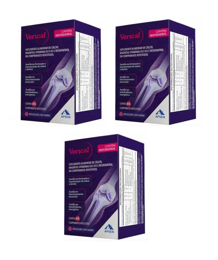 Apsen Verical Kit C/3 Caixas C/60 comprimidos Cada - Suplemento de Cálcio + Resveratrol + Vitamina D + Magnésio + Vitamina K2