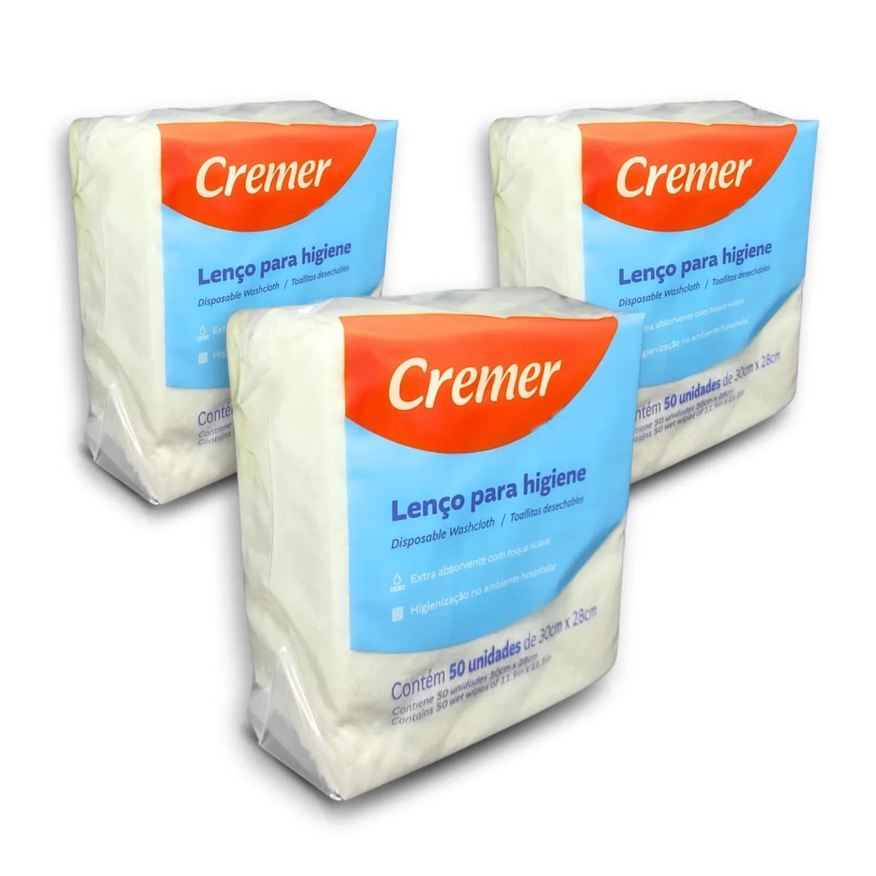Cremer Lenço de Higiene e Banho Pacote com 150 unidades (3 pacotes com 50 unidades)