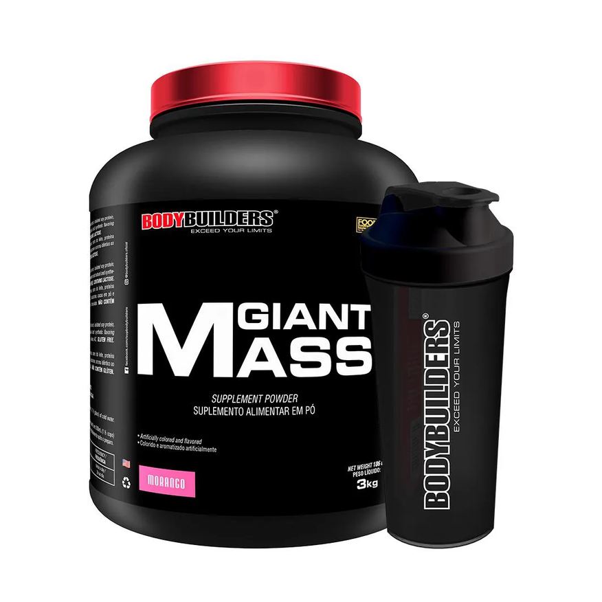Bodybuilders Kit Hipercalórico Giant Mass 3kg + Coqueteleira - Morango