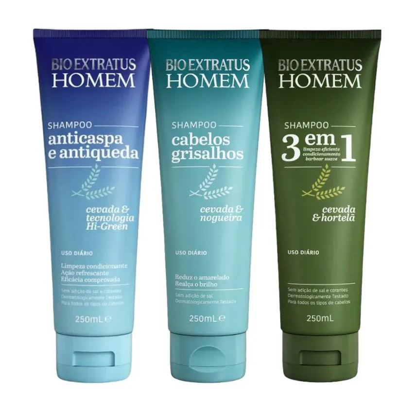 Bio Extratus Kit 1 Shampoo 3 em 1, 1 Shampoo Grisalhos e 1 Shampoo Anticaspa Homem