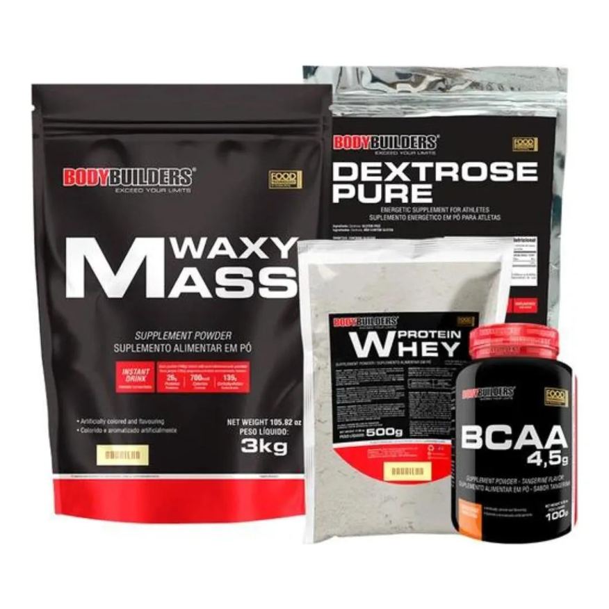 Bodybuilders Kit Hipercalórico Waxy Mass 3kg + Whey Protein 500g + Bcaa 100g + Dextrose 900g - Baunilha