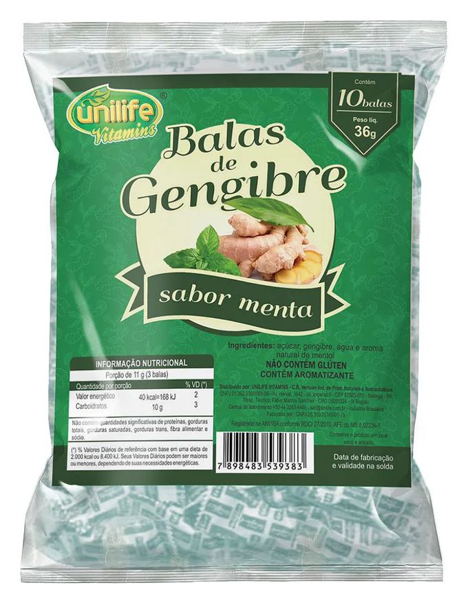 Unilife Bala de Gengibre com Menta - Caixa com 30 Pacotes de 36g.