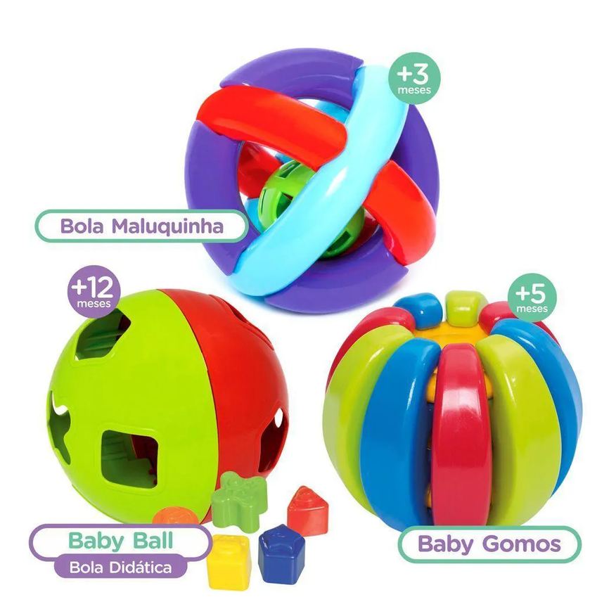 Mercotoys 3 Brinquedos para Bebês Bolas Didática Infantil e Educativo