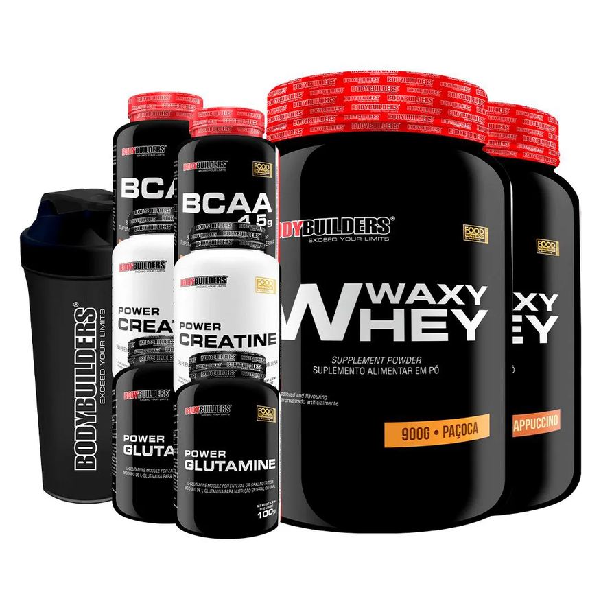 Bodybuilders Kit 2x Waxy Whey 900g + 2x Bcaa 100g + 2x Power Creatina 100g + 2x Power Glutamina + Coq - Cappuccino e Paçoca