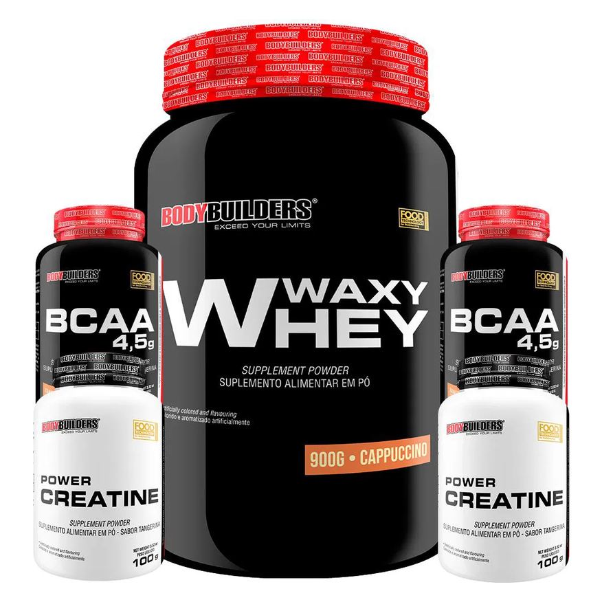 Bodybuilders Kit Whey Protein Waxy Whey Pote 900g + 2x Bcaa 100g + 2x Power Creatina 100g - Kit para Ganho de Massa Muscular - Cappuccino