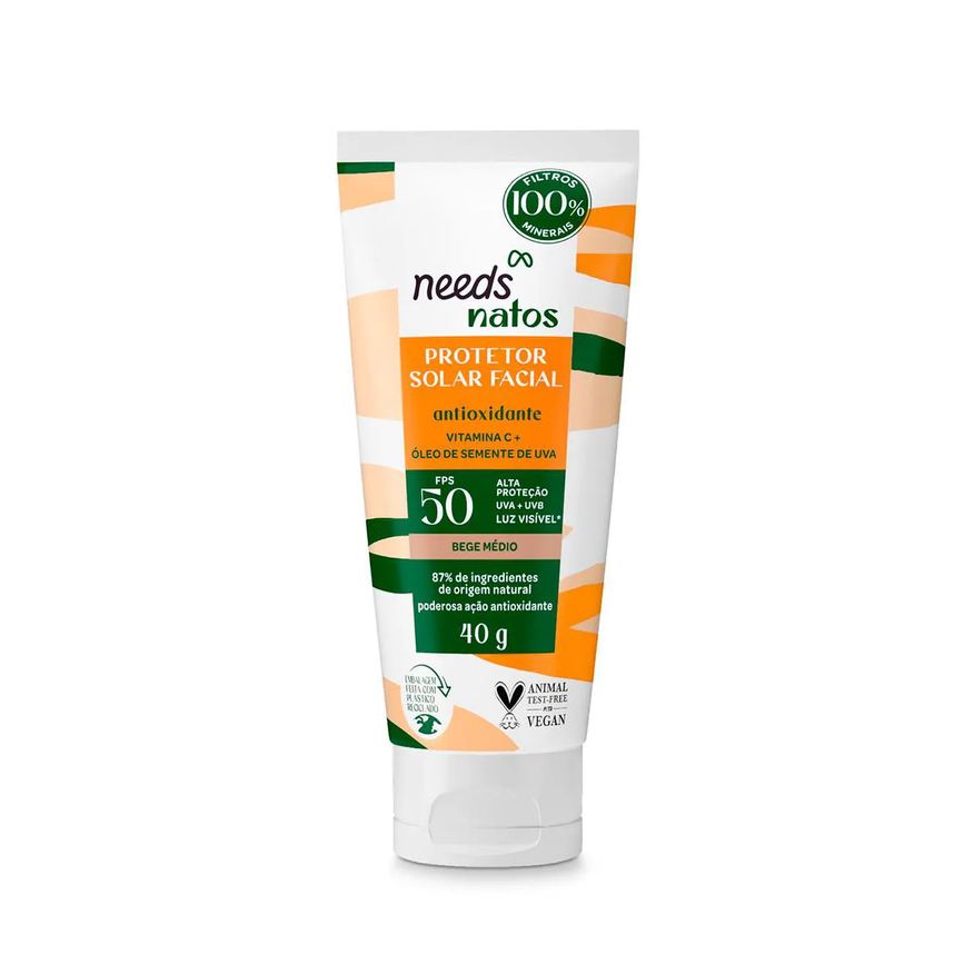 Needs Solar Protetor Solar Facial Needs Natos Antioxidante FPS 50 Bege Médio 40ml