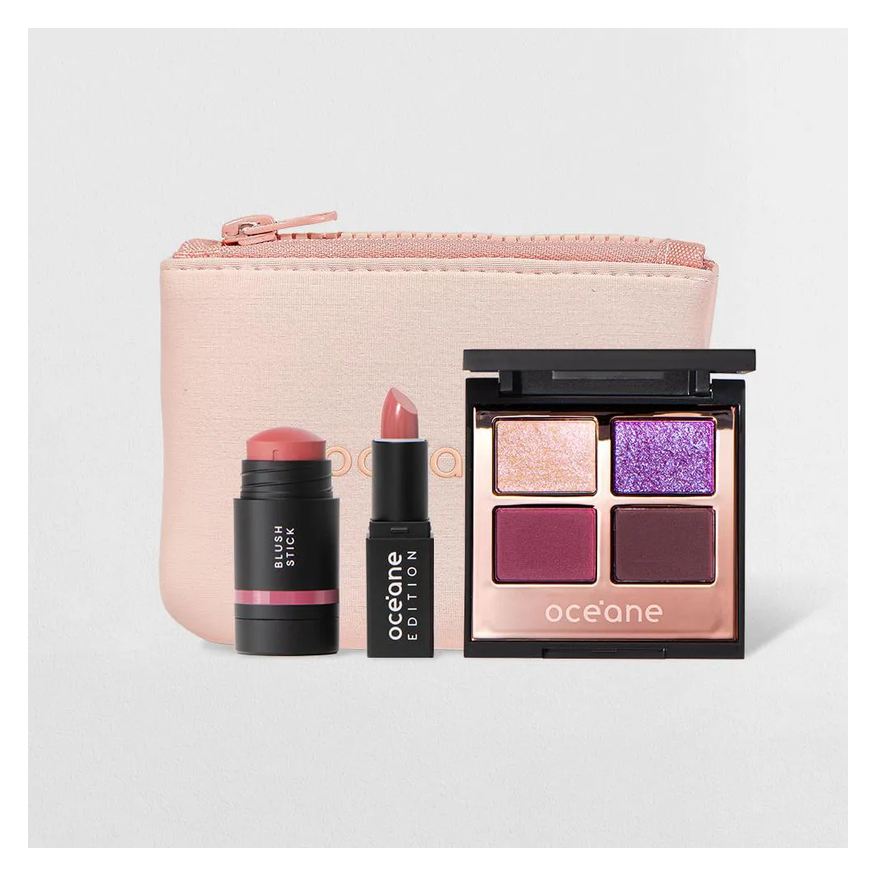 Océane Kit Mini Blush em Bastão Rosa + Mini Batom Nude Semi-matte + Night Glam + Mini Daily Makeup (4 Produtos)