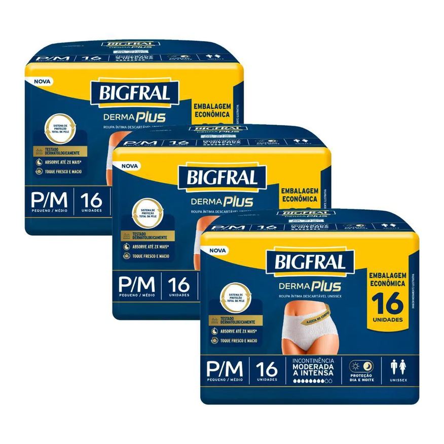 Bigfral Kit 3 Roupas Íntima Pants Derma Plus P/m com 16un Cada
