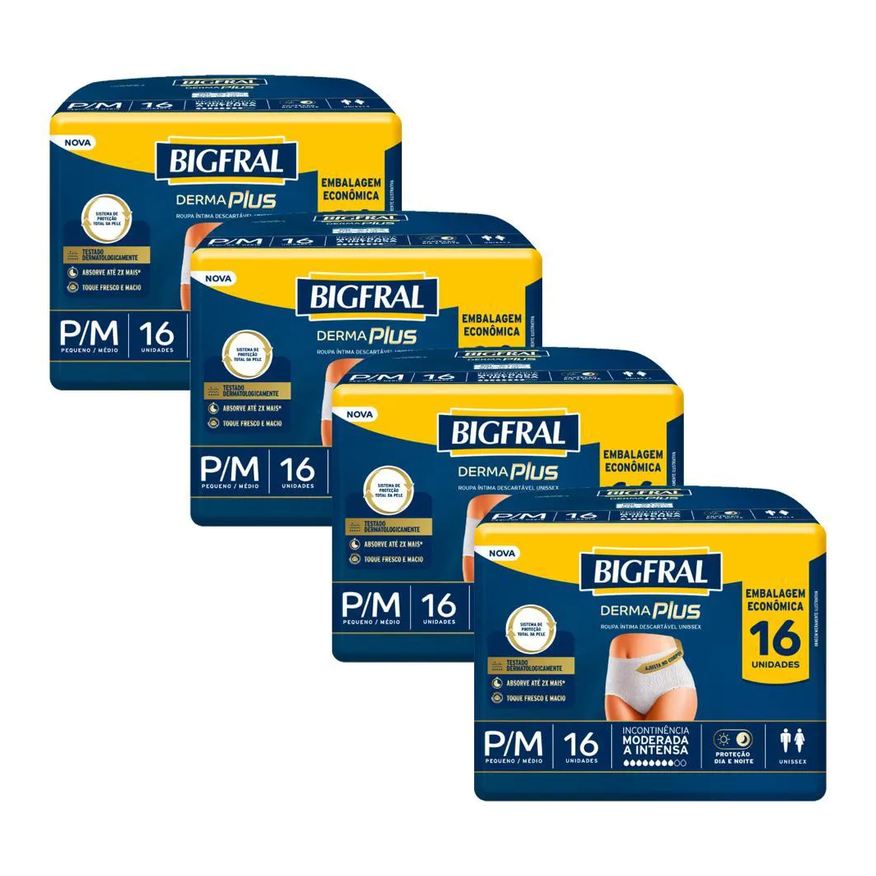 Bigfral Kit 4 Roupas Íntima Pants Derma Plus P/m com 16un Cada
