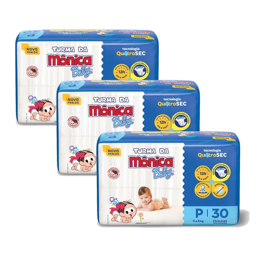 Turma da Mônica Baby Kit 3 Fraldas Jumbo P com 30un Cada