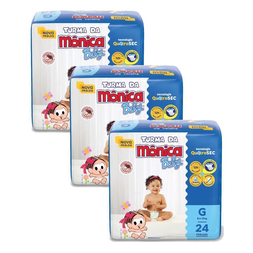 Turma da Mônica Baby Kit 3 Fraldas Jumbo g com 24un Cada