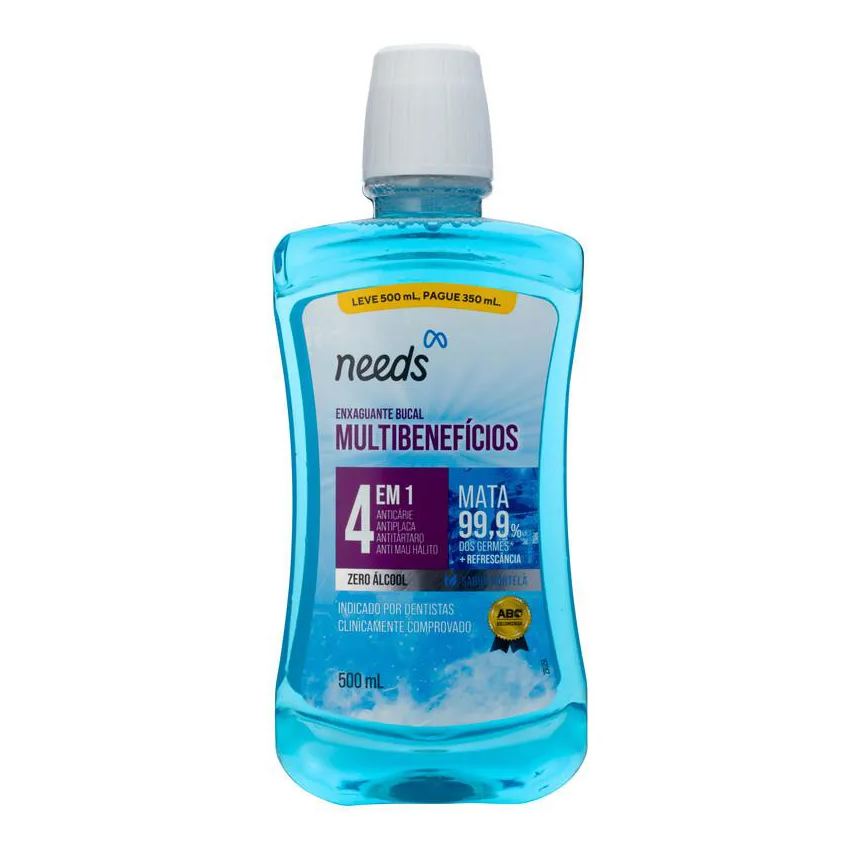 Needs Enxaguante Bucal 4 em 1 Hortelã Sem Álcool 500ml + 250ml