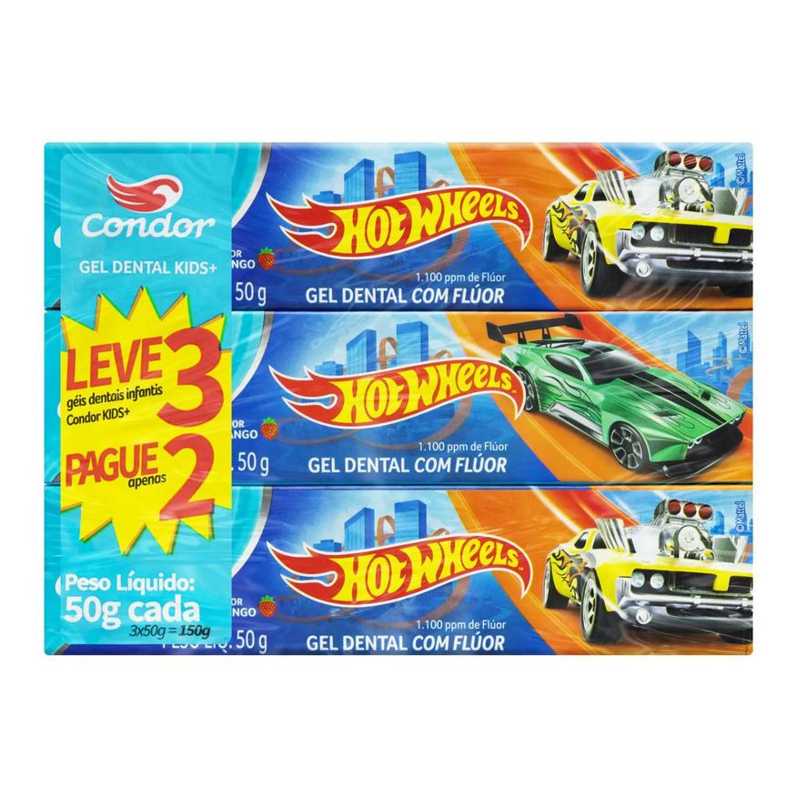 Condor Gel Dental Kids Hot Wheels Morango 50g 3 unidades