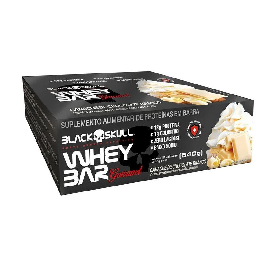 Black Skull Whey Bar Gourmet (Caixa 12 Unid. 45g) - Sabor: Ganache de Chocolate Branco