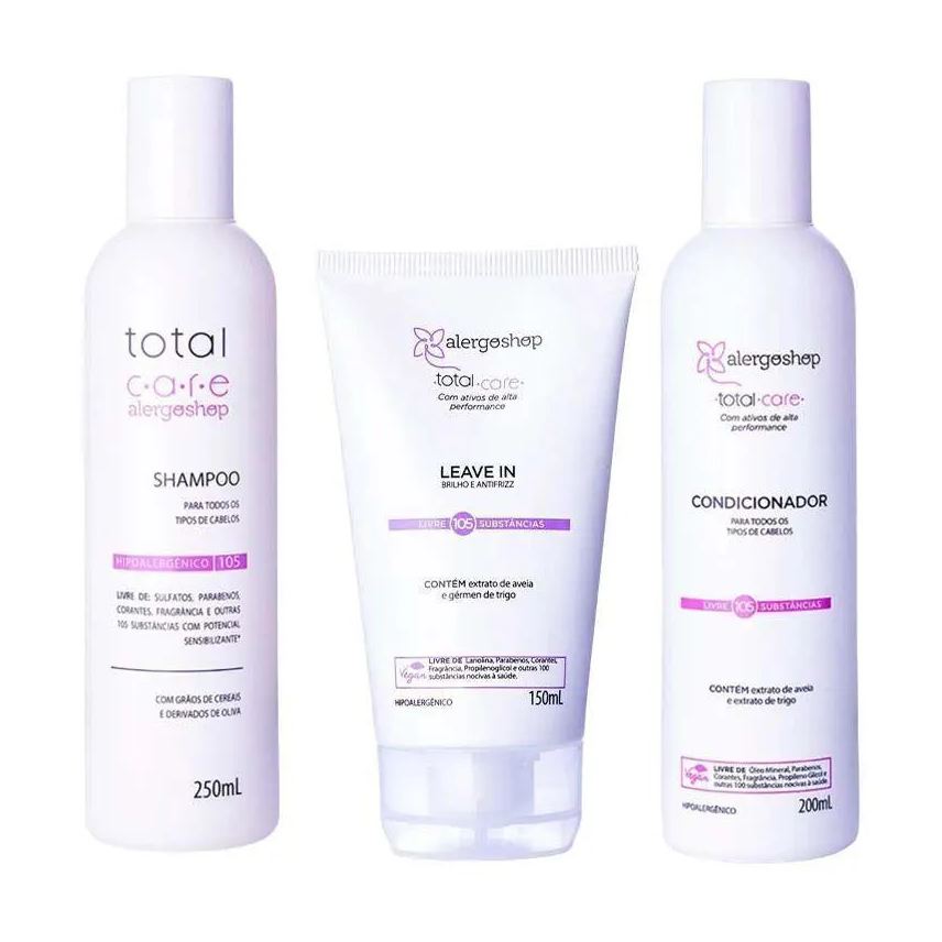 Alergoshop Kit Shampoo 250ml + Condicionador 200ml + Leave In Hipoalergênico Total Care Alegorshop 150ml
