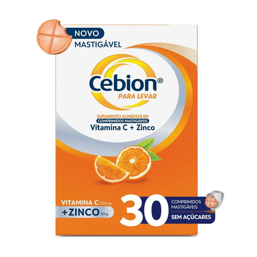 Cebion Vitamina C + Zinco Para Levar Sabor Laranja 30 comprimidos mastigáveis