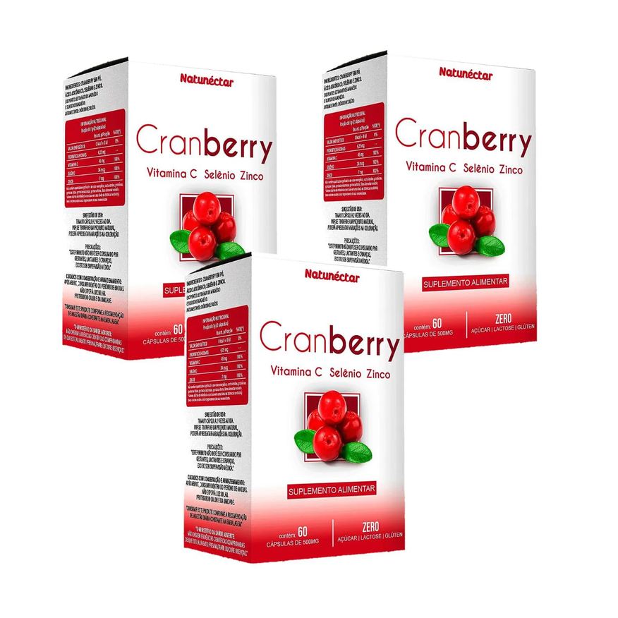 Natunéctar 3x Cranberry + Vitamina C + Selênio + Zinco- 60 Cápsulas. 500mg
