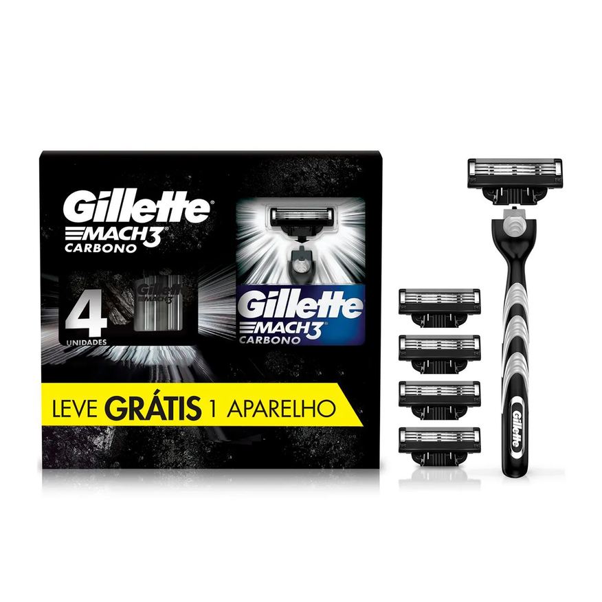 Gillette Kit Aparelho de Barbear Descartável Mach3 Carbono Carvão Ativado + 4 Refis
