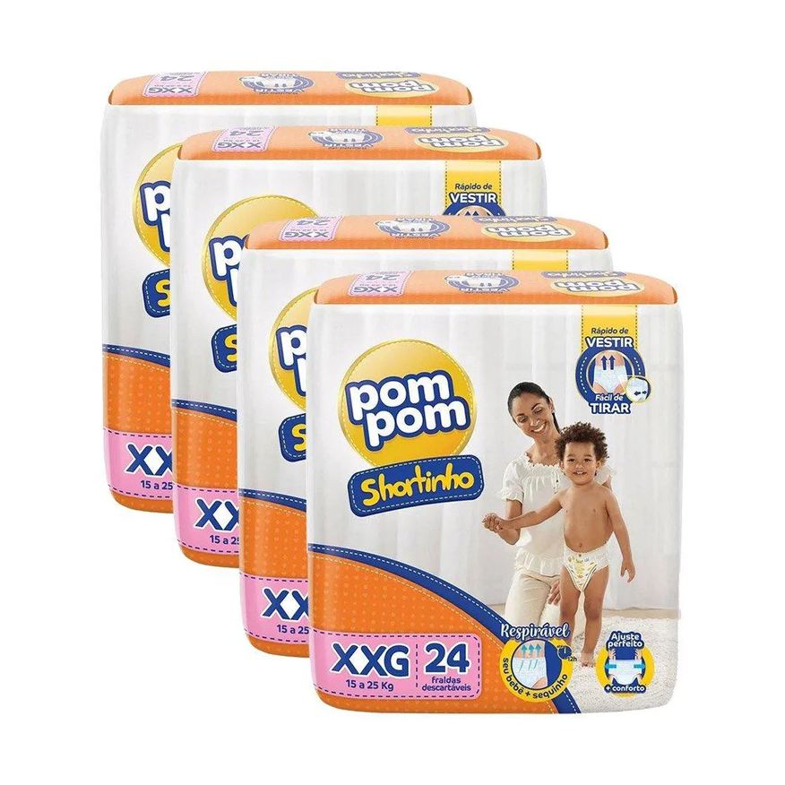 Pom Pom Fralda Descartável Shortinho Jumbo Tamanho Xxg - 4 Pacotes com 24 Fraldas - Total 96 Tiras