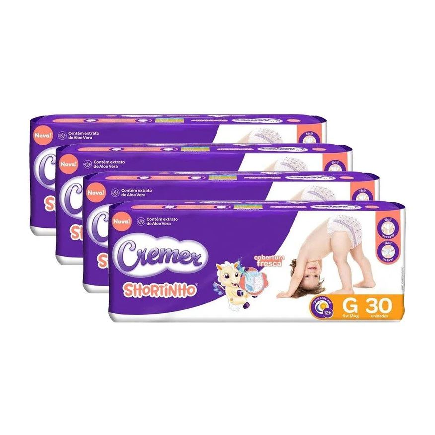 Cremer Fralda Descartável Shortinho Jumbo Tamanho G - 4 Pacotes com 30 Fraldas - Total 120 Tiras