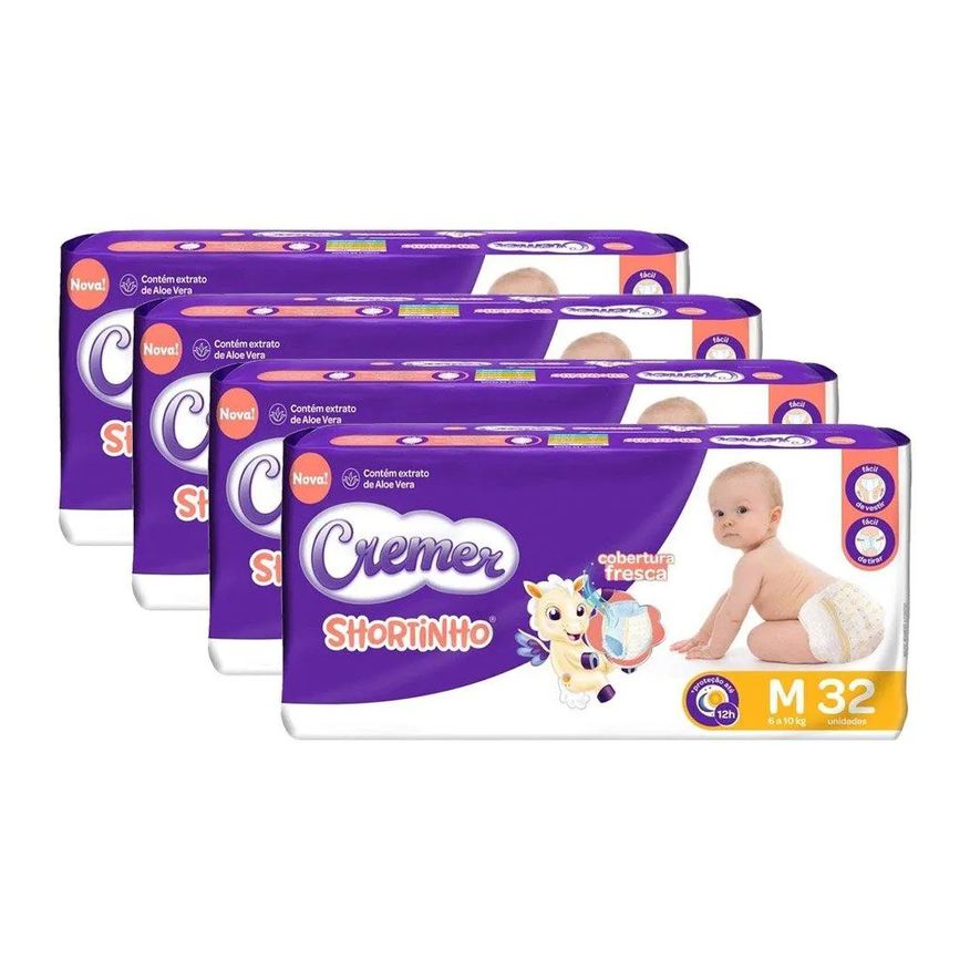 Cremer Fralda Descartável Shortinho Jumbo Tamanho M - 4 Pacotes com 32 Fraldas - Total 128 Tiras