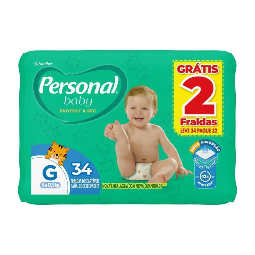 Personal Fralda Descartável Soft & Protect Mega Tamanho G - 9 Pacotes com 34 Fraldas - Total 306 Tiras
