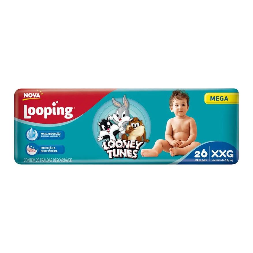 Babysec Fralda Descartável Looping Looney Tunes Mega Extra Extra Grande - 6 Pacotes com 26 Fraldas - Total 156 Tiras