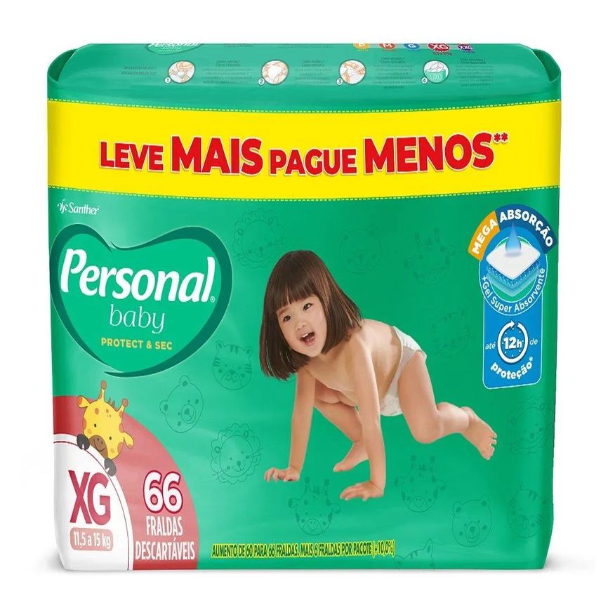 Personal Fralda Descartável Giga Extra Grande - 4 Embalagem com 66 unidades - Total de 264 Tiras