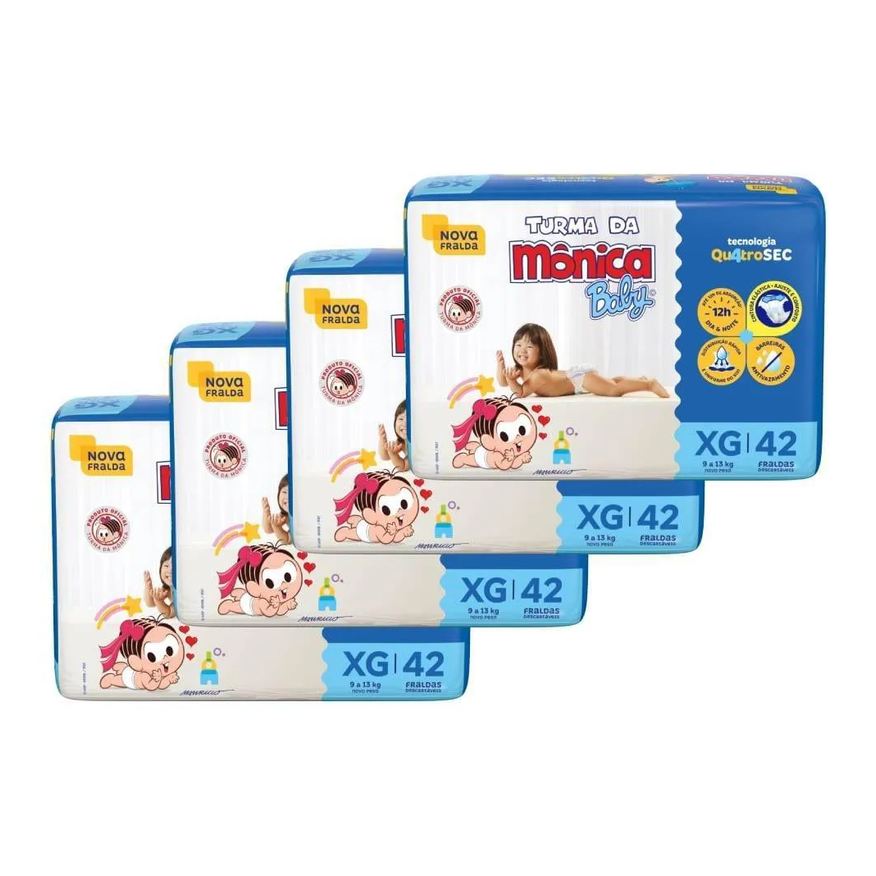 Cremer Fralda Descartável Turma da Mônica Tamanho Xg - 4 Pacotes com 42 Fraldas - Total 168 Tiras