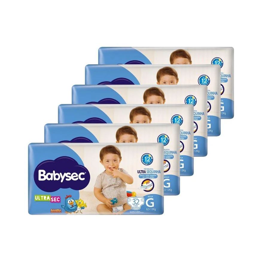 Babysec Fralda Descartável Galinha Pintadinha Ultra Mega Tamanho G - 6 Pacotes com 32 Fraldas - Total 192 Tiras