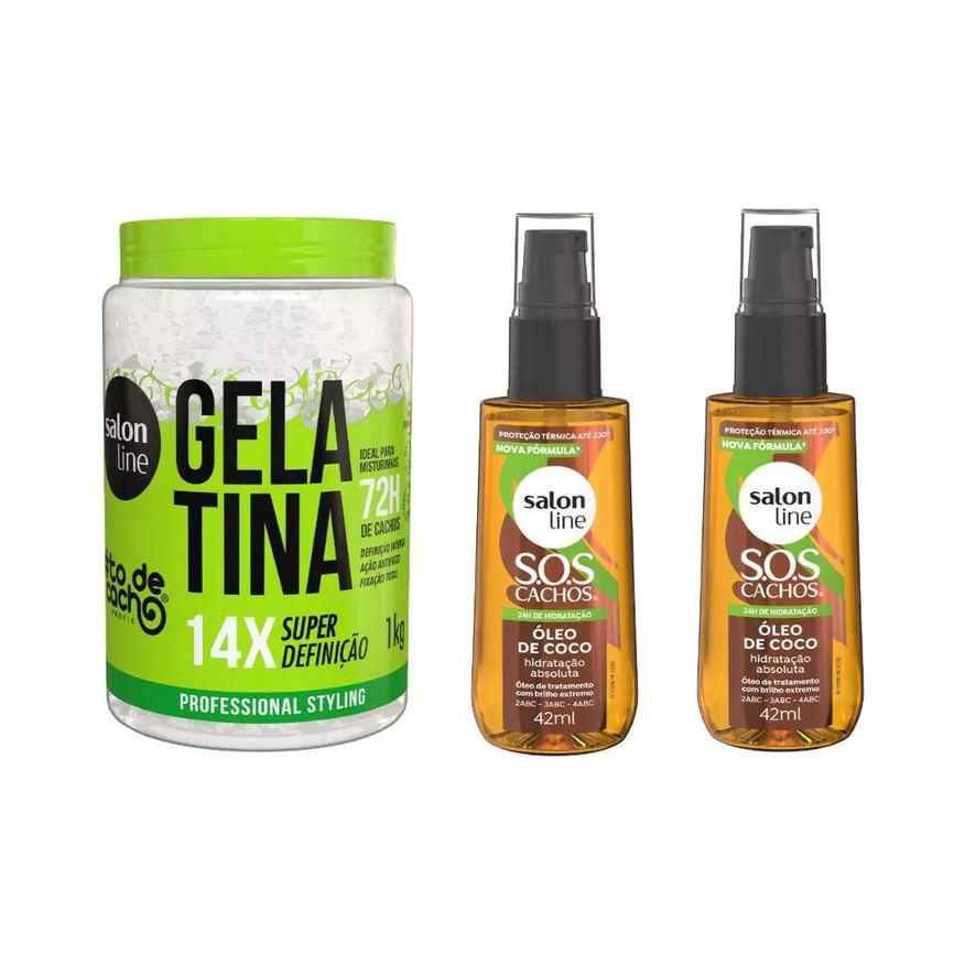 Salon Line Kit Gelatina #todecacho Super Definição + 2 Óleos Sos Cachos Óleo de Coco