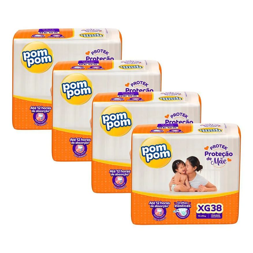 Pom Pom Kit 4 Fraldas Protek Proteção de Mãe Mega Xg com 38un Cada