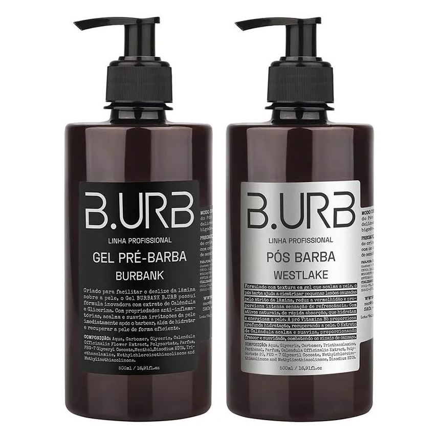 B.urb Kit Gel Pré Barba + Pós Barba 500ml Profissional Barbearia Barba Urbana