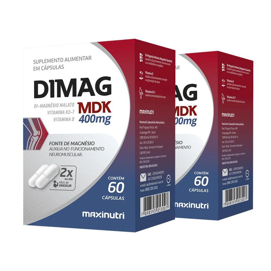 Maxinutri Kit 2 Dimag Mdk Di - Magnésio Malato com Vitamina D3 E K2 - 7 60 cápsulas