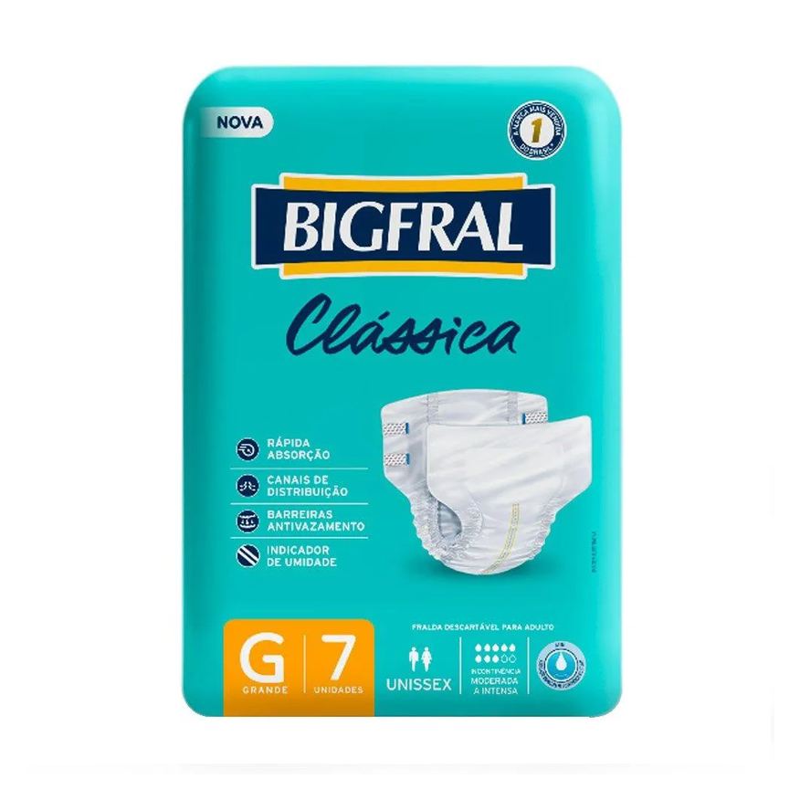 Bigfral Fralda Geriátrica Clássica Tamanho G - 8 Pacotes com 7 Fraldas - Total 56 Tiras