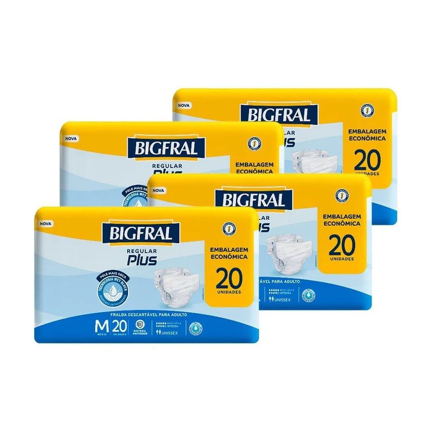 Bigfral Fralda Descartável Geriátrica Plus Regular Tamanho M - 4 Pacotes com 20 Fraldas - Total 80 Tiras