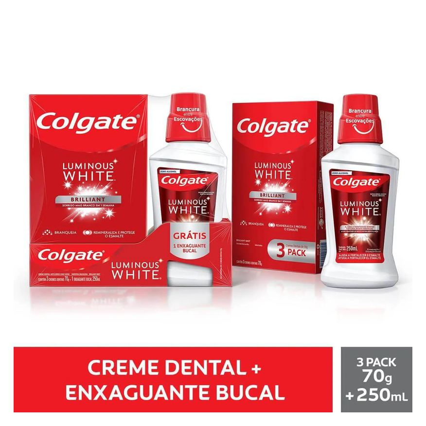 Colgate Kit Luminous White Brilliant Creme Dental 70g 3 unidades + Enxaguante Bucal 250ml