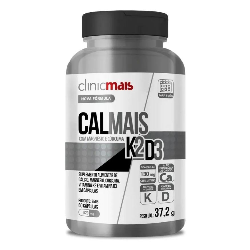 Clinic Mais Calmais ( Vitaminas D3+k2, Cálcio, Mangésio e Curcuma) 60 Cápsulas - Clinicmais