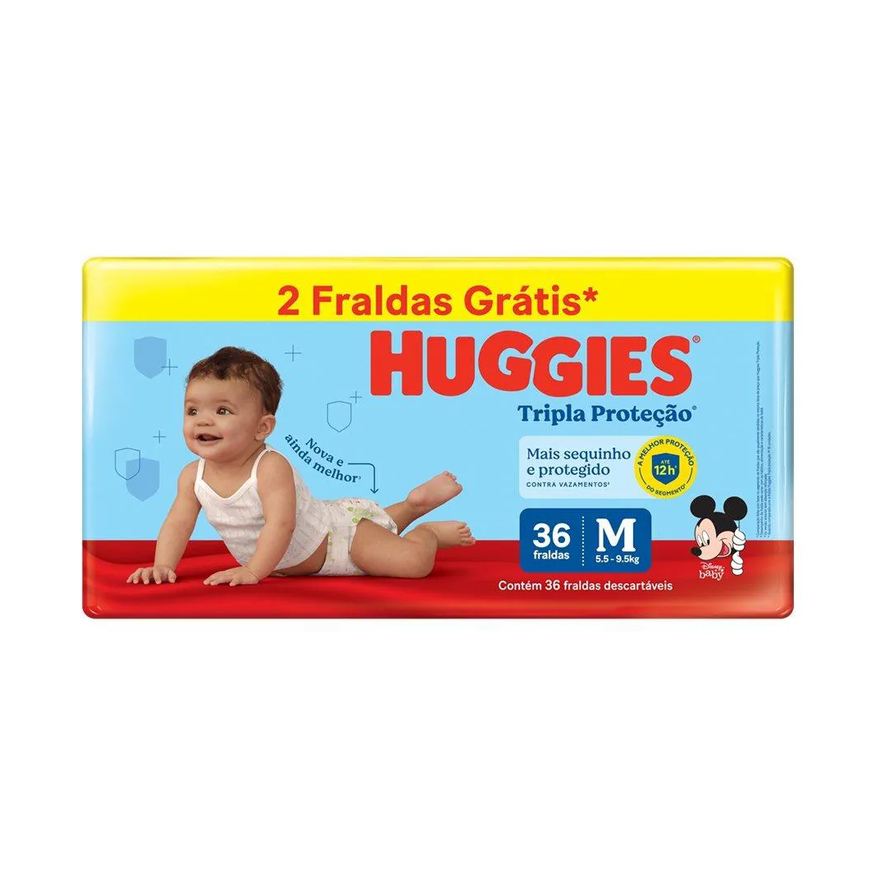Huggies Fralda Descartável Tripla Proteção Mega Tamanho M - 6 Pacotes com 36 Fraldas - Total 216 Tiras - Leve 2 Tiras
