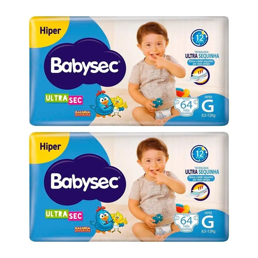 Babysec Fralda Descartável Ultra Tamanho G - 2 Pacotes com 64 Fraldas - Total 128 Tiras