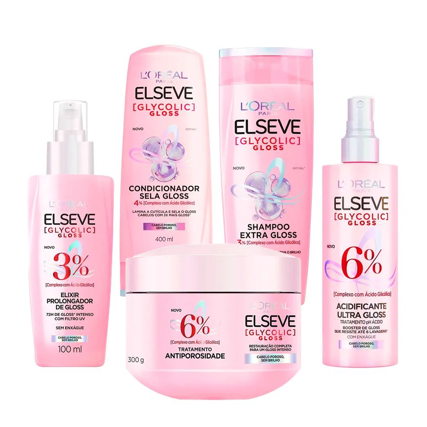 Elseve Kit Glycolic Gloss Shampoo + Condicionador + Acidificante + Creme de Tratamento + Sérum
