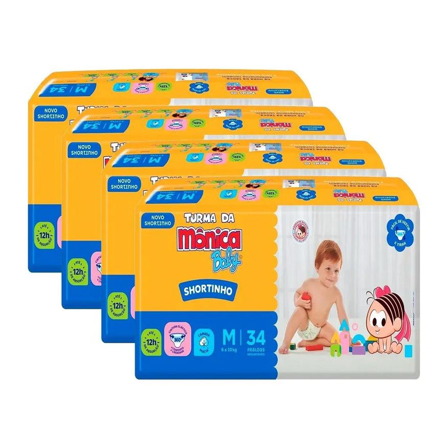 Turma da Mônica Fralda Descartável Shortinho Jumbo Tamanho M - 4 Pacotes com 34 Fraldas - Total 136 Tiras