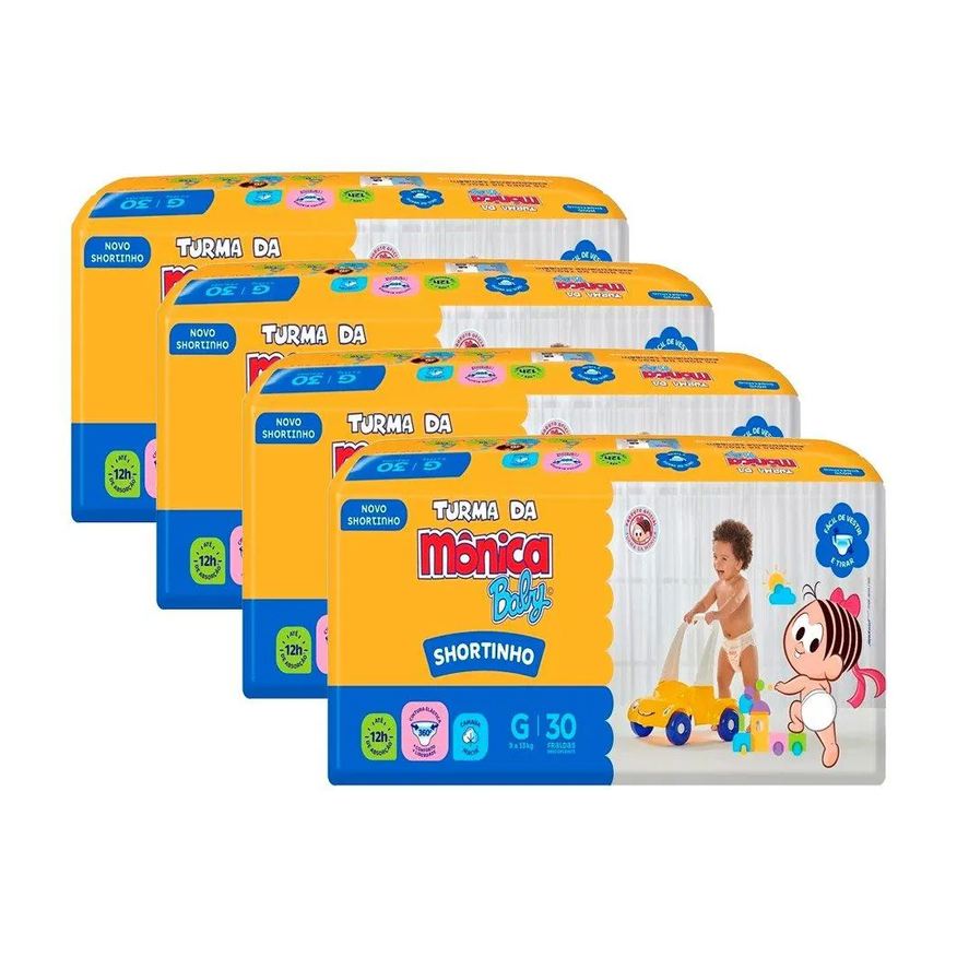 Turma da Mônica Fralda Descartável Shortinho Jumbo Tamanho G - 4 Pacotes com 30 Fraldas - Total 120 Tiras