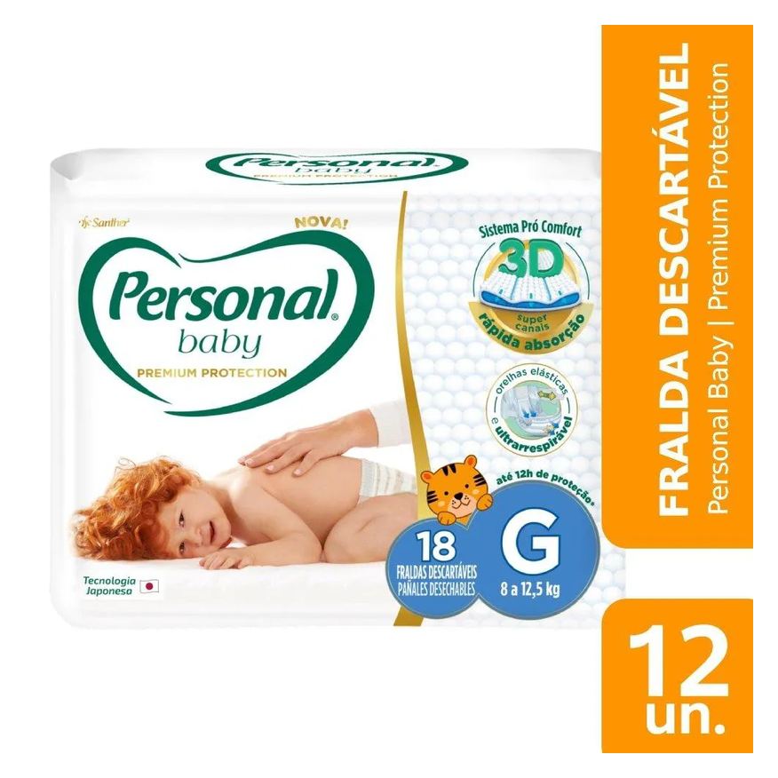 Personal Fralda Descartável Premium Tamanho G - 12 Pacotes com 18 Fraldas - Total de 216 Tiras